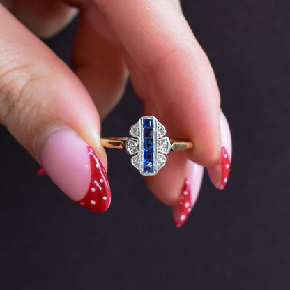 Art Deco Blue Sapphire and Diamond Navette Cluster 18ct Gold Ring