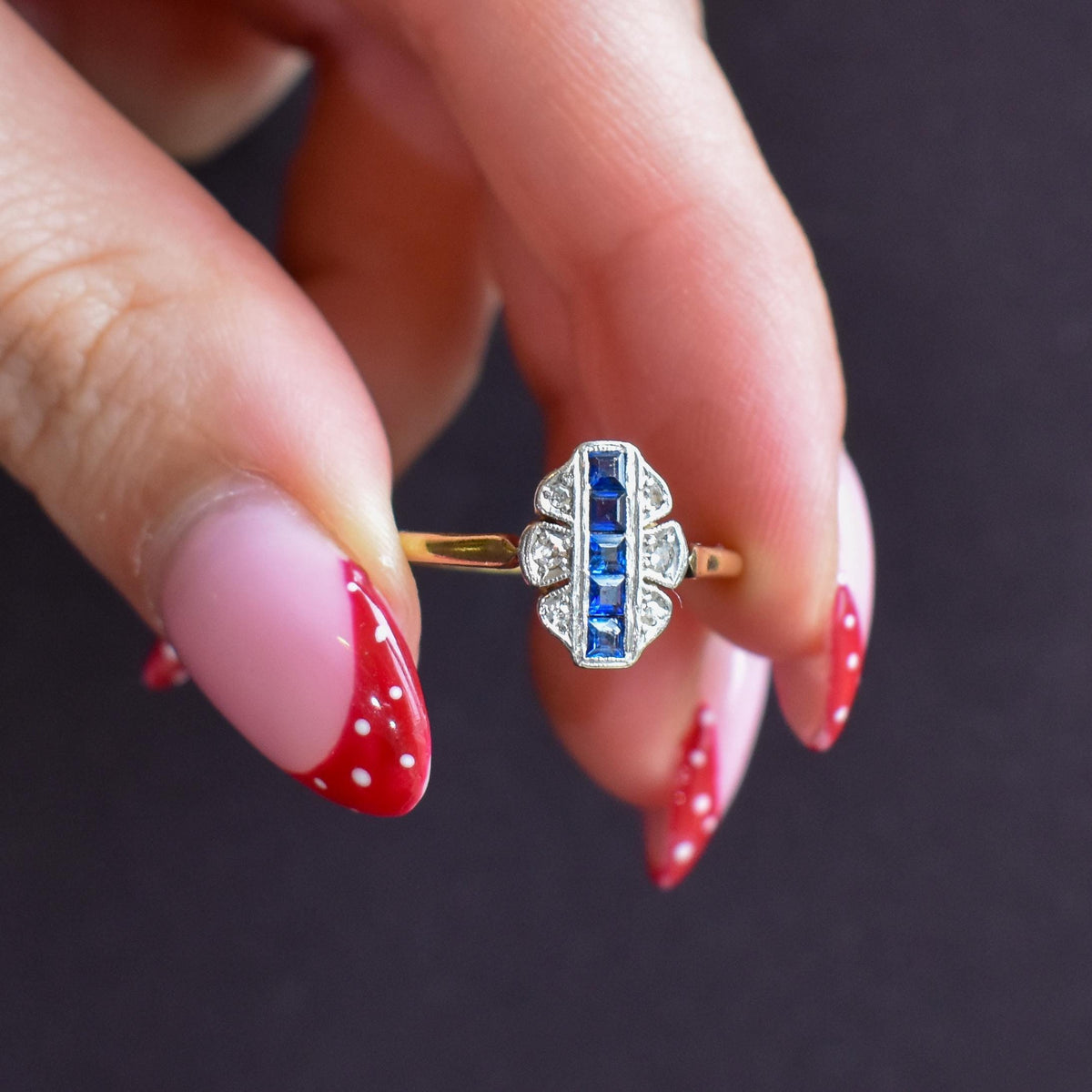 Art Deco Blue Sapphire and Diamond Navette Cluster 18ct Gold Ring