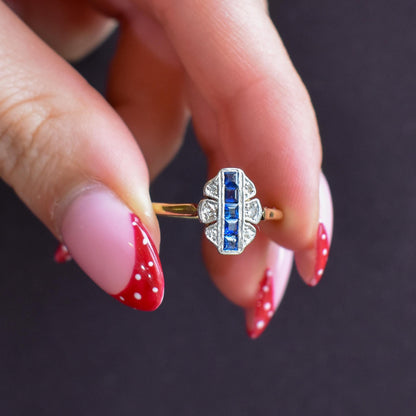 Art Deco Blue Sapphire and Diamond Navette Cluster 18ct Gold Ring