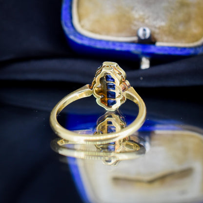 Art Deco Blue Sapphire and Diamond Navette Cluster 18ct Gold Ring