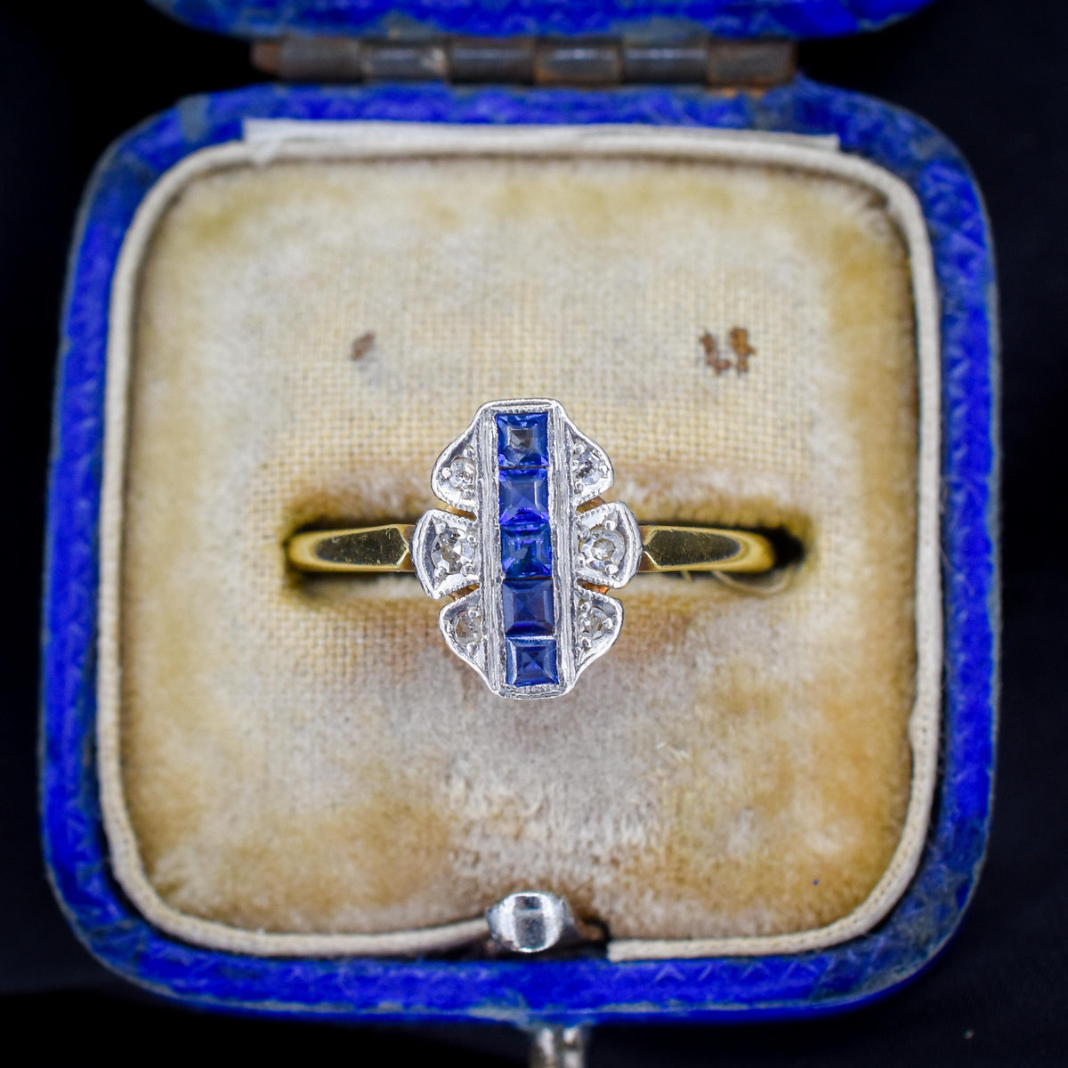 Art Deco Blue Sapphire and Diamond Navette Cluster 18ct Gold Ring