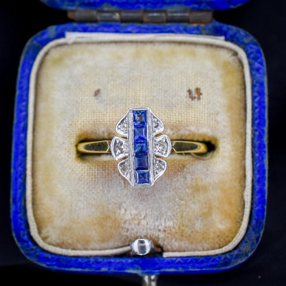 Art Deco Blue Sapphire and Diamond Navette Cluster 18ct Gold Ring