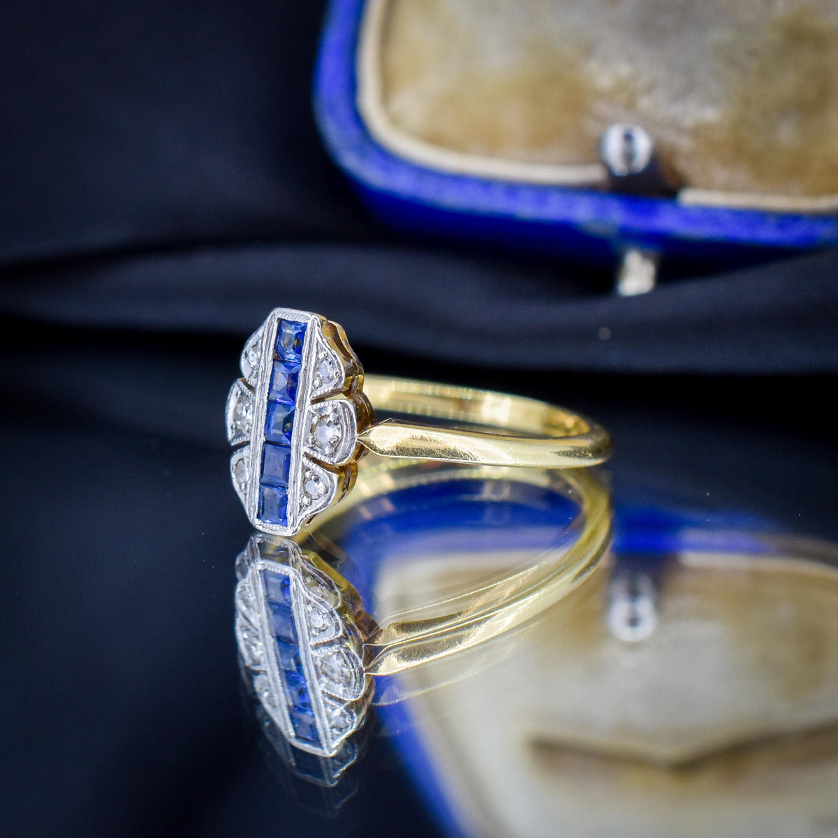 Art Deco Blue Sapphire and Diamond Navette Cluster 18ct Gold Ring