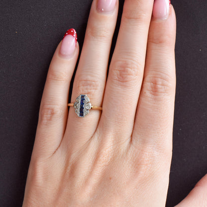 Art Deco Blue Sapphire and Diamond Navette Cluster 18ct Gold Ring