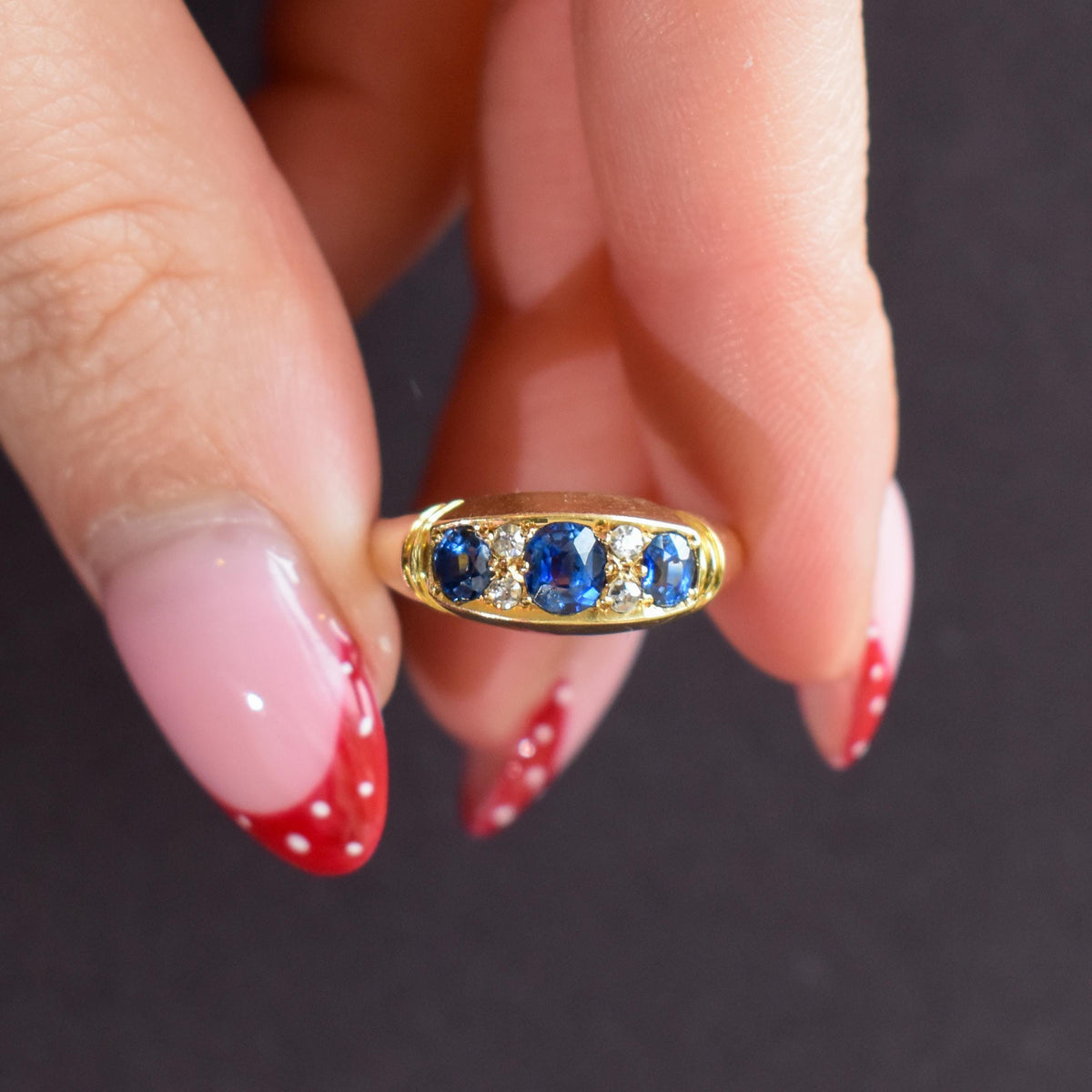 Antique Blue Sapphire and Diamond 18ct Yellow Gold Boat Ring | Birmingham 1912