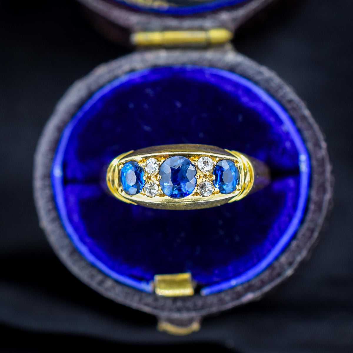Antique Blue Sapphire and Diamond 18ct Yellow Gold Boat Ring | Birmingham 1912