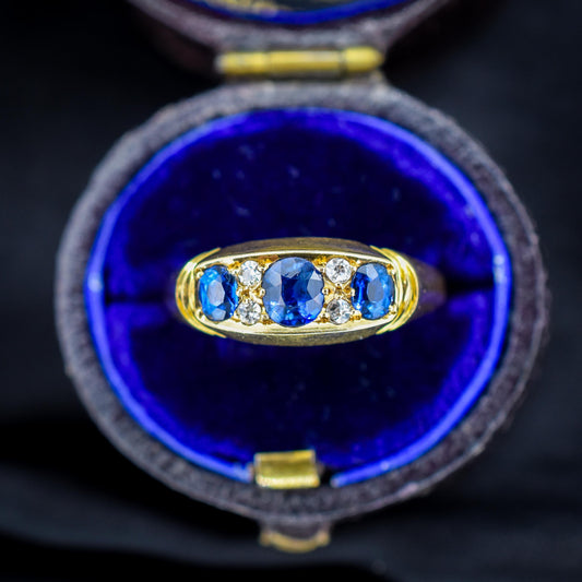 Antique Blue Sapphire and Diamond 18ct Yellow Gold Boat Ring | Birmingham 1912