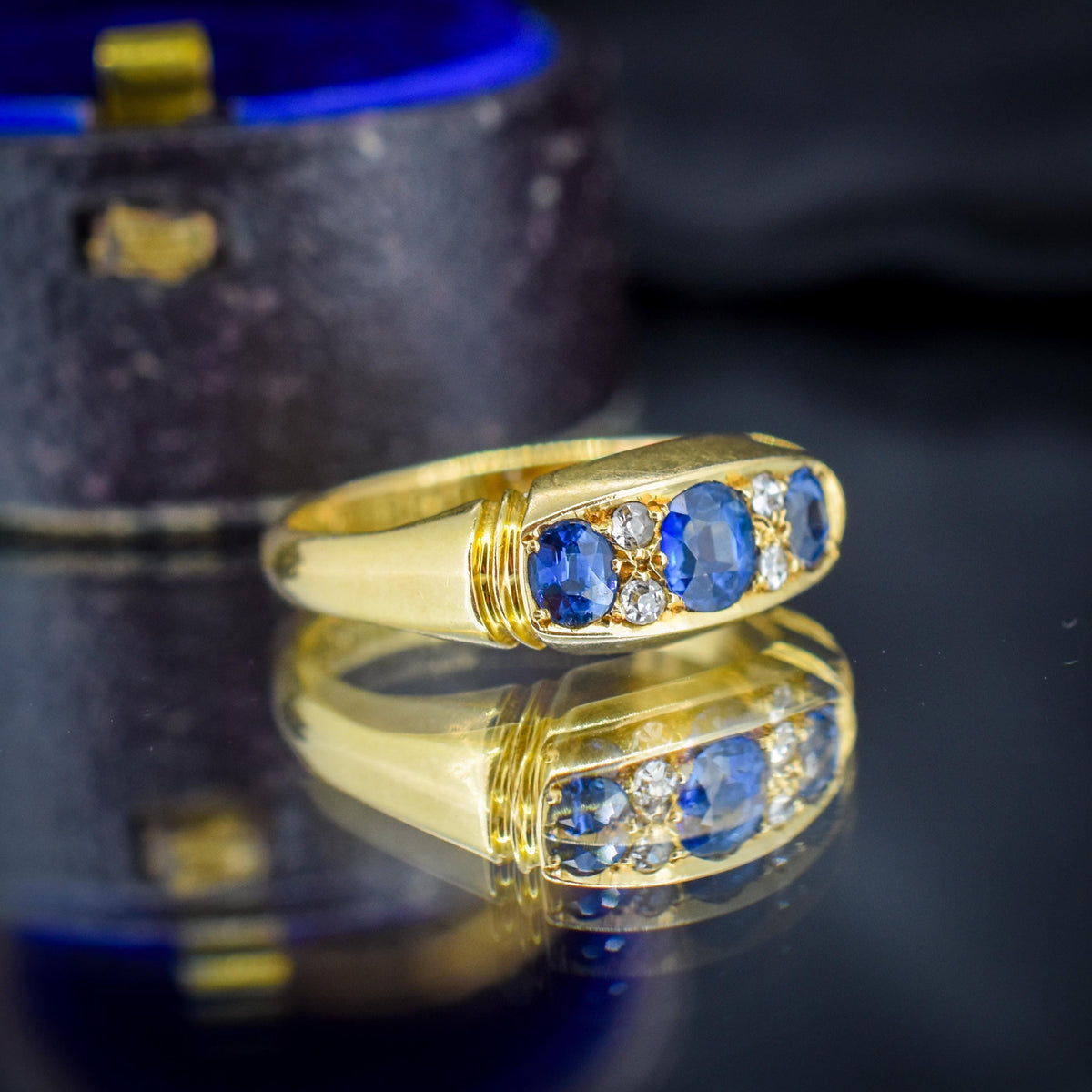 Antique Blue Sapphire and Diamond 18ct Yellow Gold Boat Ring | Birmingham 1912