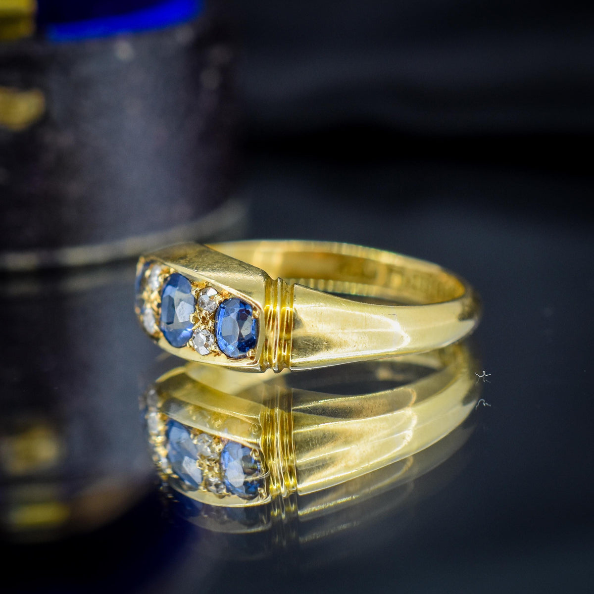 Antique Blue Sapphire and Diamond 18ct Yellow Gold Boat Ring | Birmingham 1912