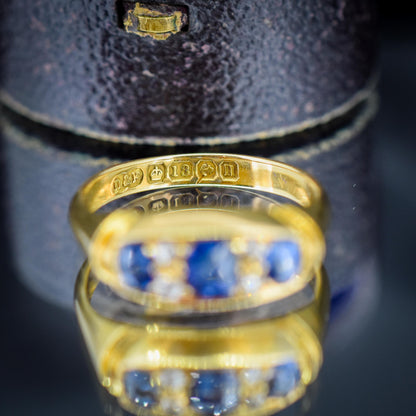 Antique Blue Sapphire and Diamond 18ct Yellow Gold Boat Ring | Birmingham 1912