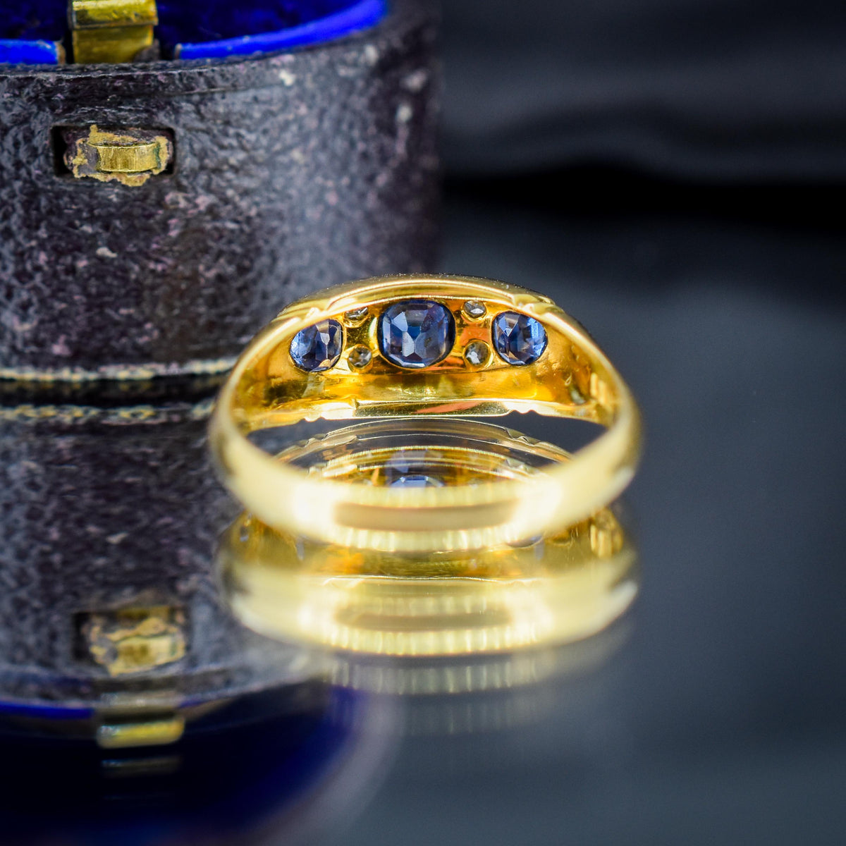 Antique Blue Sapphire and Diamond 18ct Yellow Gold Boat Ring | Birmingham 1912