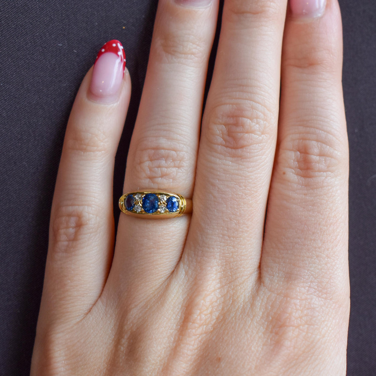 Antique Blue Sapphire and Diamond 18ct Yellow Gold Boat Ring | Birmingham 1912