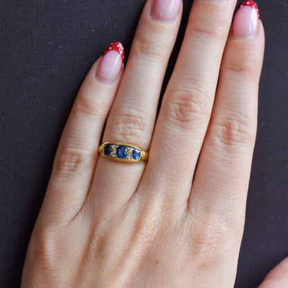 Antique Blue Sapphire and Diamond 18ct Yellow Gold Boat Ring | Birmingham 1912