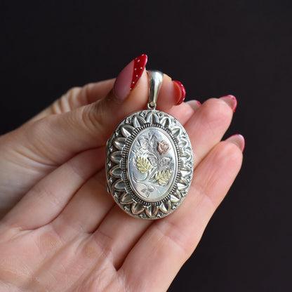Antique Victorian Silver and Gold Oval Floral Photo Locket Pendant