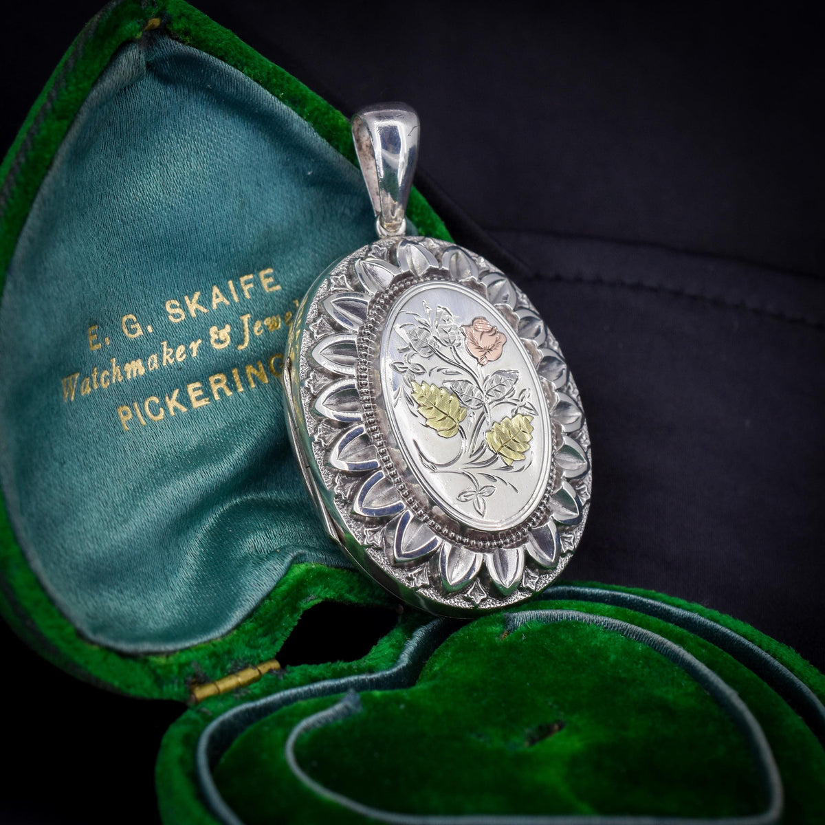 Antique Victorian Silver and Gold Oval Floral Photo Locket Pendant