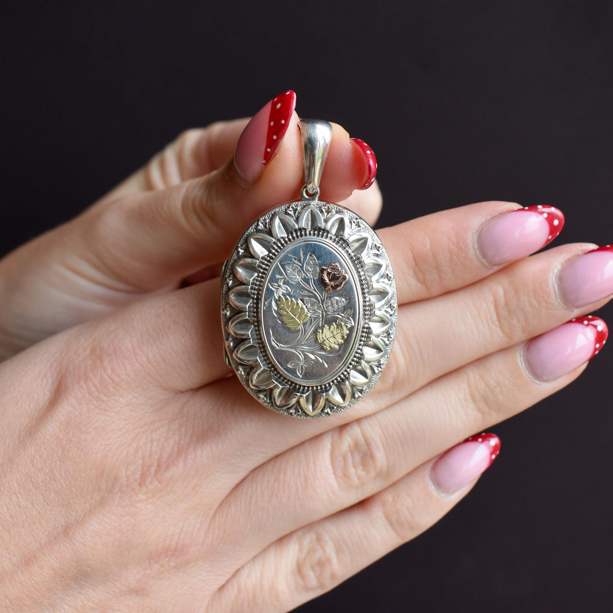 Antique Victorian Silver and Gold Oval Floral Photo Locket Pendant