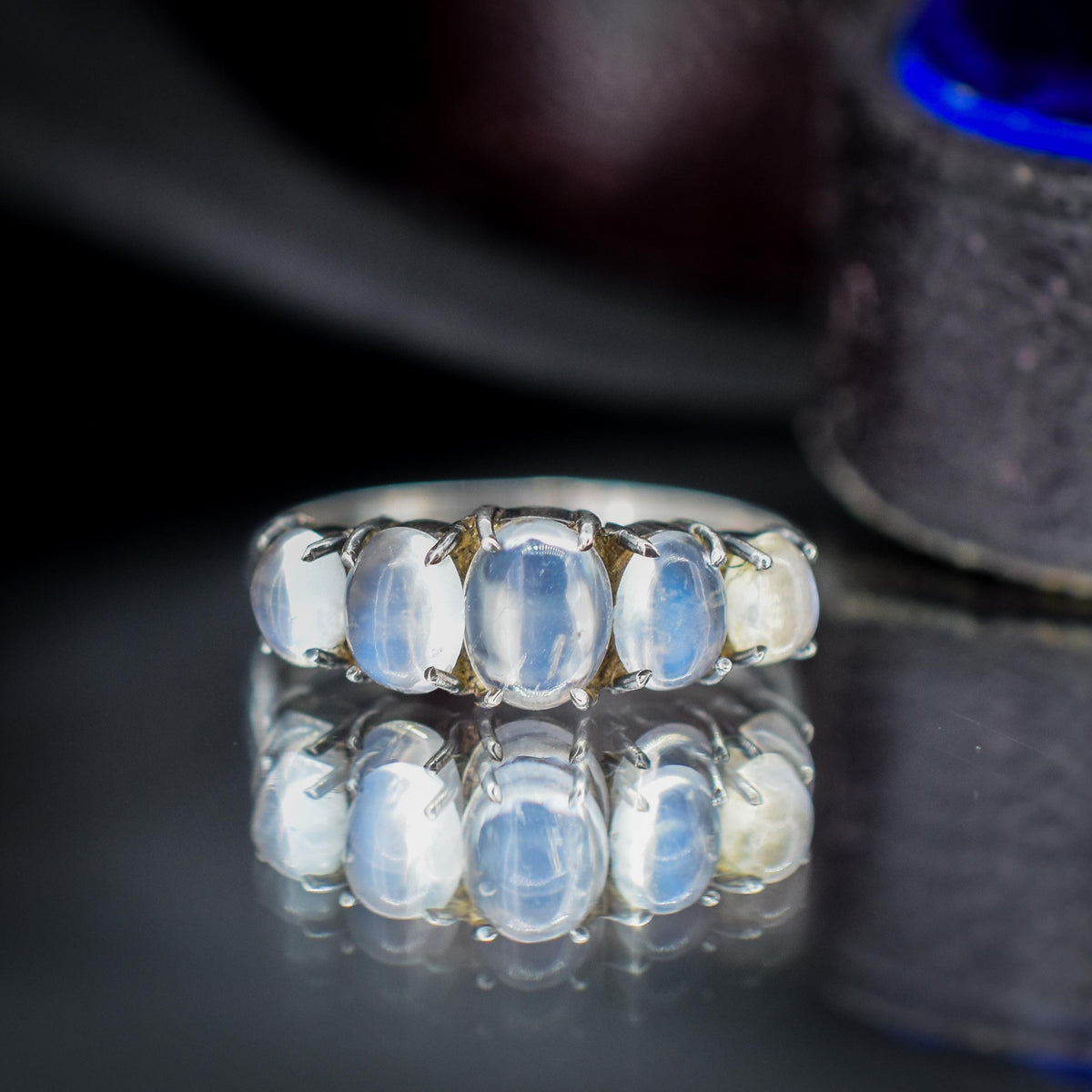 Vintage Moonstone Cabochon Five Stone Sterling Silver Ring