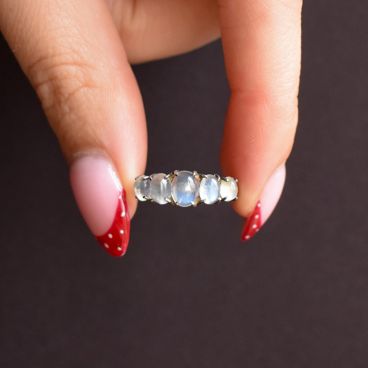 Vintage Moonstone Cabochon Five Stone Sterling Silver Ring