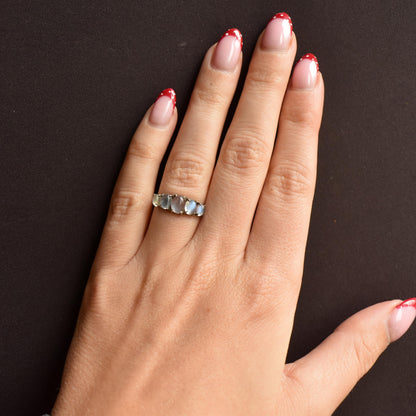 Vintage Moonstone Cabochon Five Stone Sterling Silver Ring