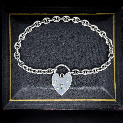 Vintage Mariner Link Sterling Silver Heart Padlock Bracelet