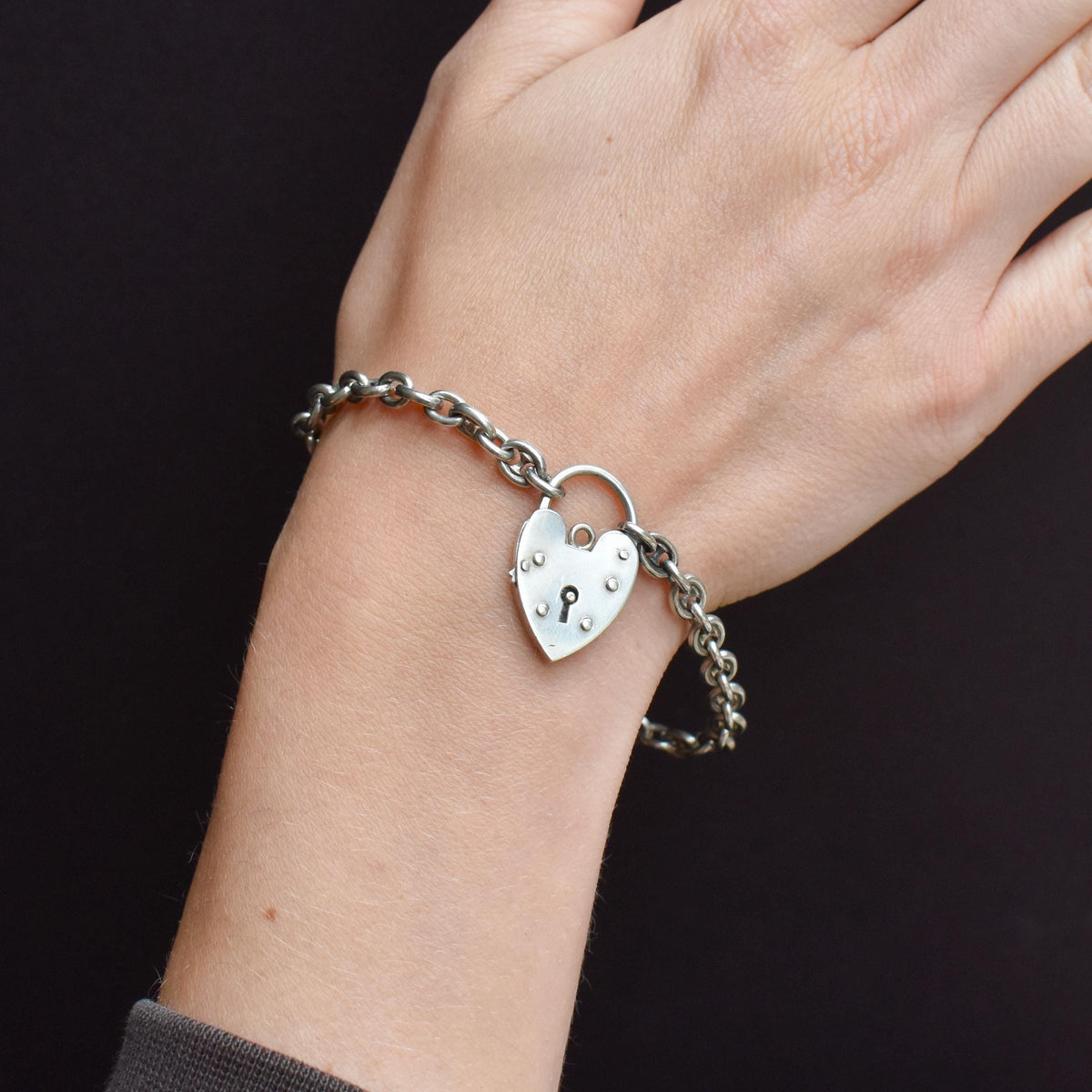 Vintage Mariner Link Sterling Silver Heart Padlock Bracelet