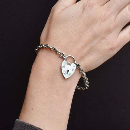 Vintage Mariner Link Sterling Silver Heart Padlock Bracelet