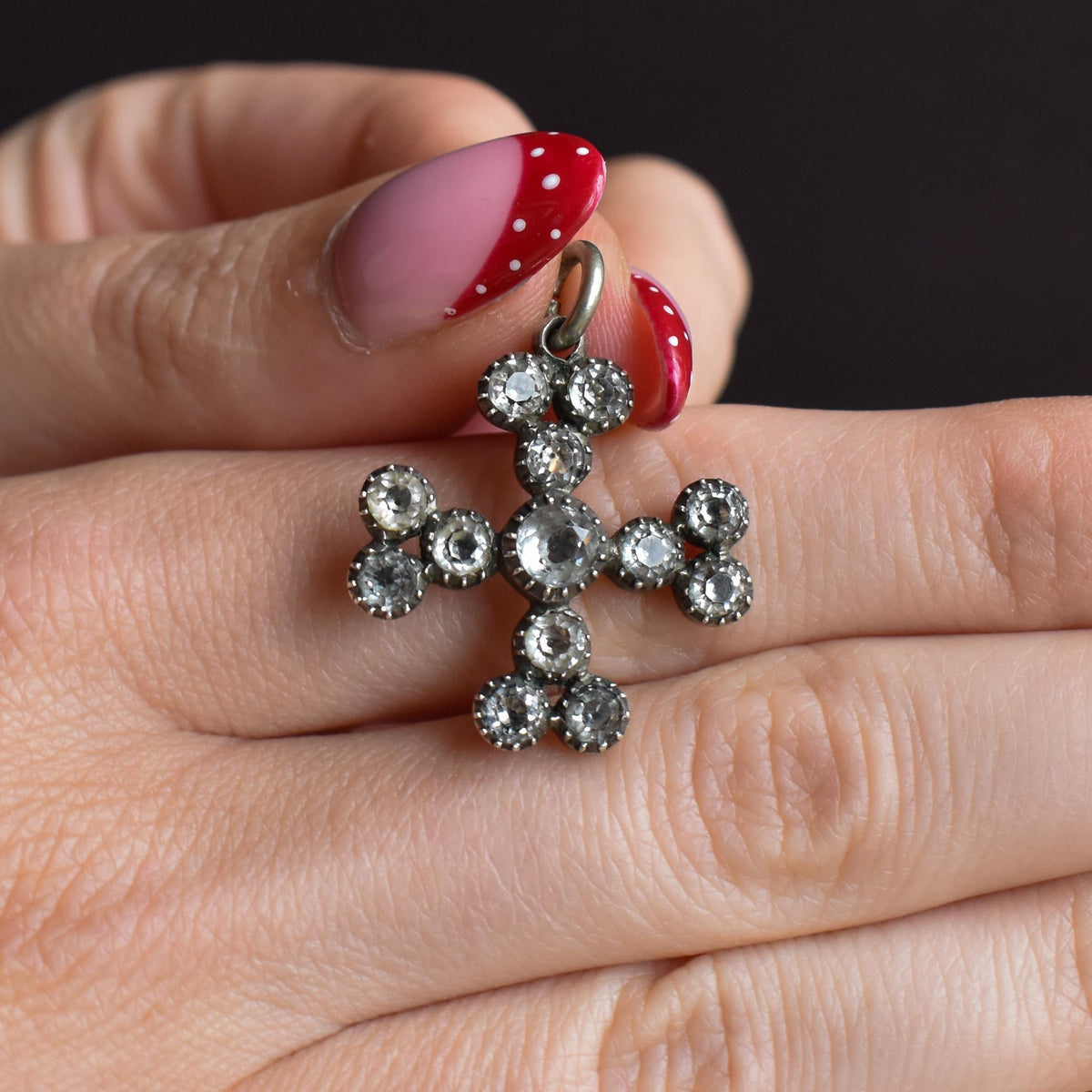 Antique Georgian Black Dot Paste Bottony Cross Silver Charm Pendant