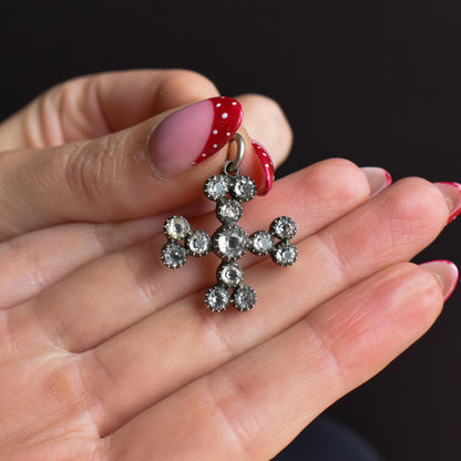 Antique Georgian Black Dot Paste Bottony Cross Silver Charm Pendant