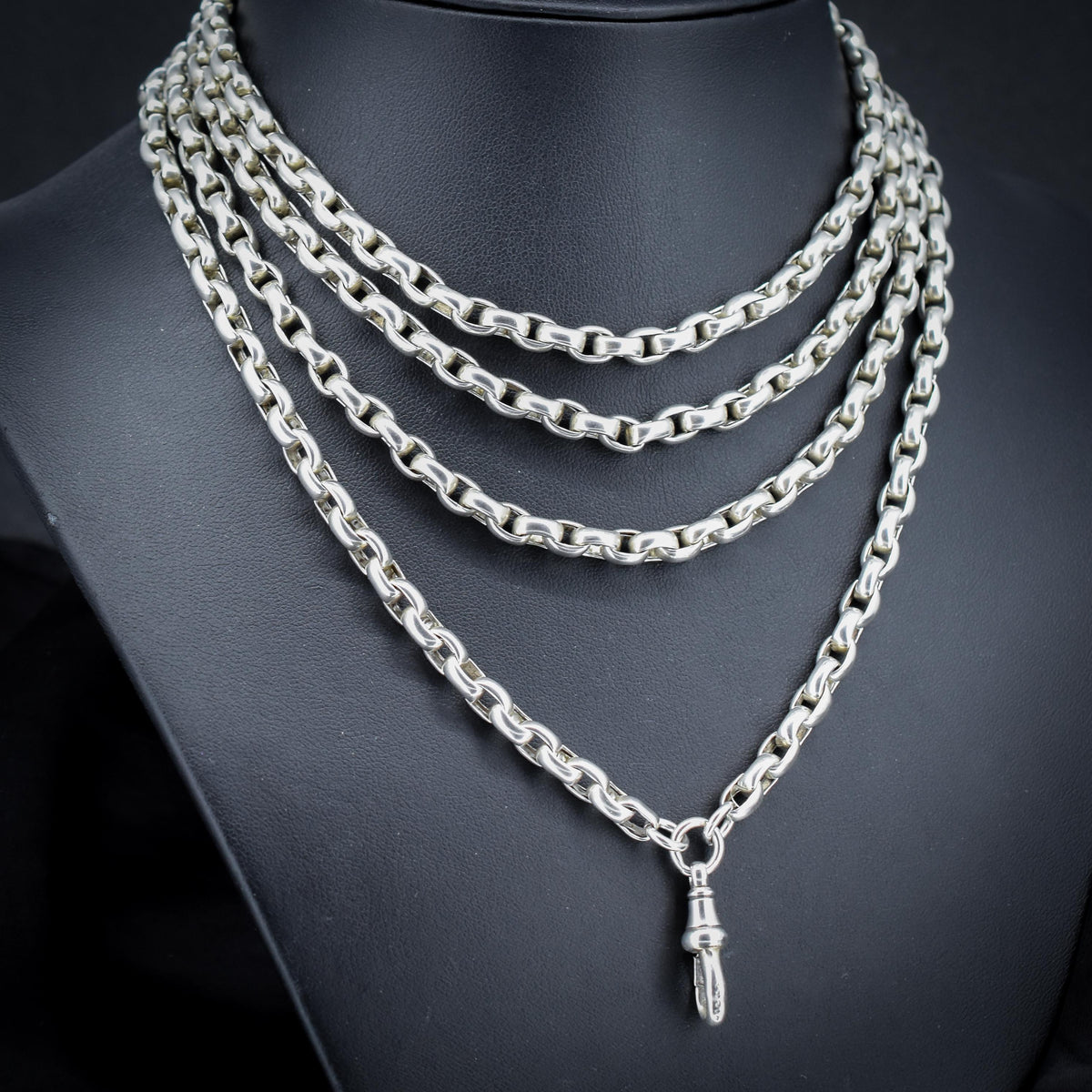 Antique 89g Silver Long Guard Chain Necklace with Dog Clip | 60" Length