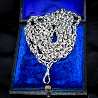Antique 89g Silver Long Guard Chain Necklace with Dog Clip | 60" Length