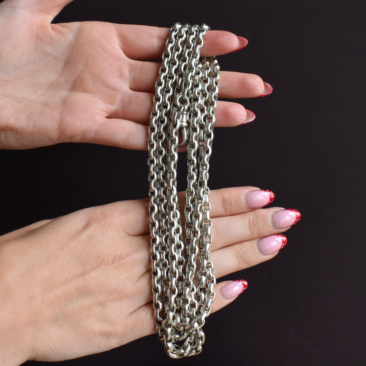 Antique 89g Silver Long Guard Chain Necklace with Dog Clip | 60" Length