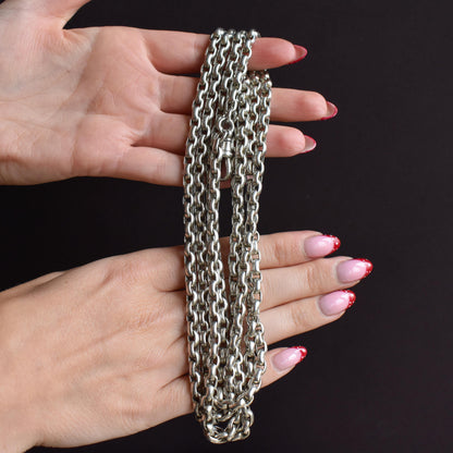 Antique 89g Silver Long Guard Chain Necklace with Dog Clip | 60" Length