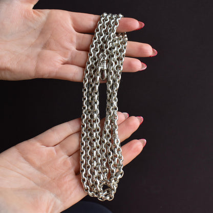 Antique 89g Silver Long Guard Chain Necklace with Dog Clip | 60" Length