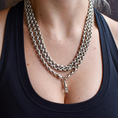 Antique 89g Silver Long Guard Chain Necklace with Dog Clip | 60" Length