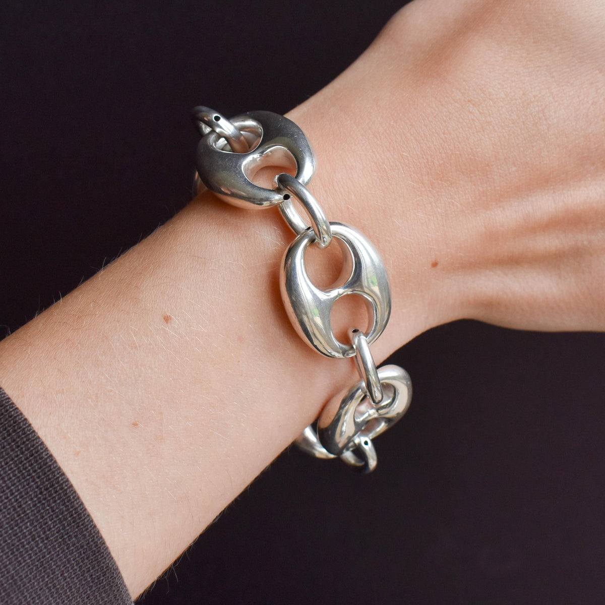 Vintage Sterling Silver XL Large Puffy Mariner Link Chain Bracelet | 7.75"