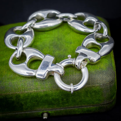 Vintage Sterling Silver XL Large Puffy Mariner Link Chain Bracelet | 7.75"