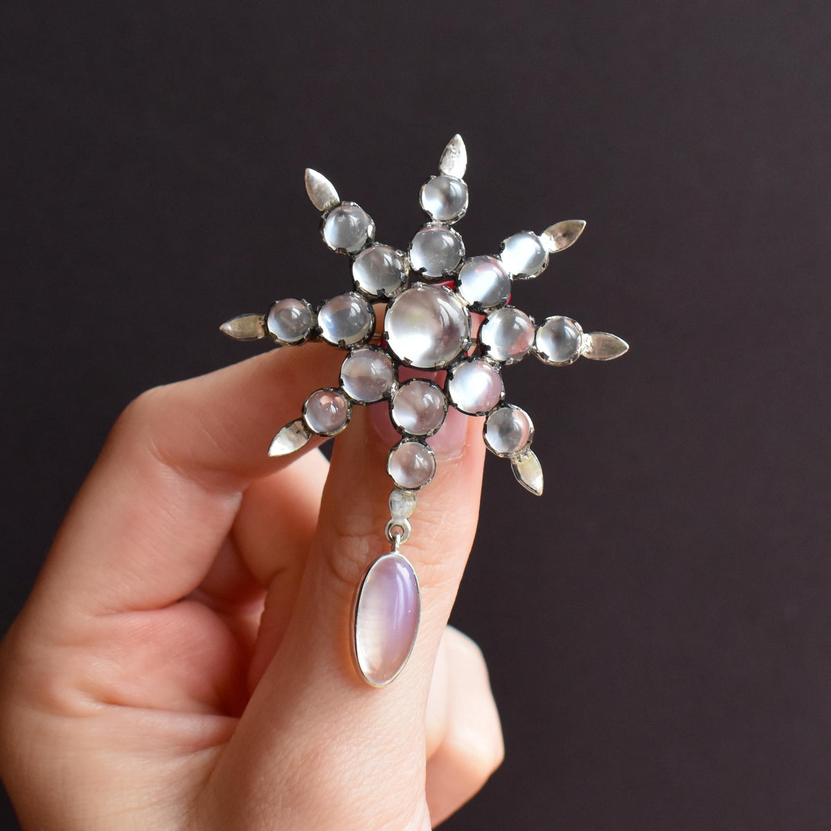 Antique Victorian Celestial Moonstone Star Silver Brooch Pin | 19.21ct