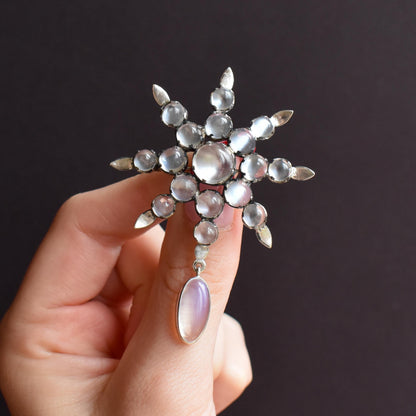 Antique Victorian Celestial Moonstone Star Silver Brooch Pin | 19.21ct