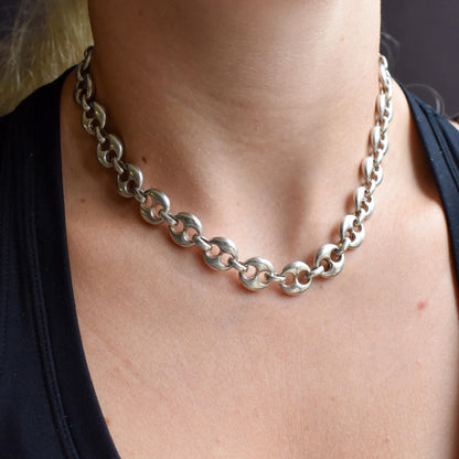 Vintage 75g Solid Sterling Silver Puffy Mariner Link Chain Necklace 15.5"