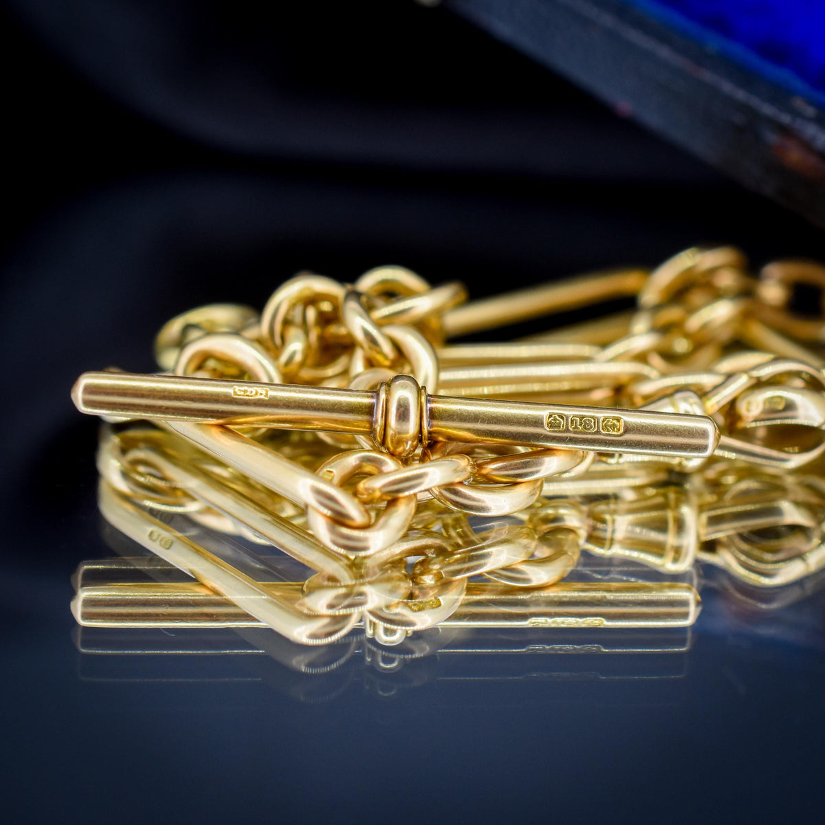 Antique '1915' 18ct Yellow Gold Trombone Double Albert Watch Chain with Dog Clips and T-bar | 15.75"