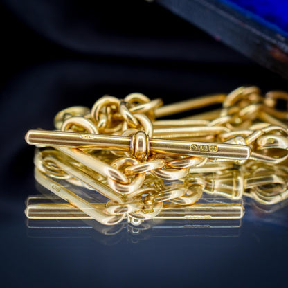 Antique '1915' 18ct Yellow Gold Trombone Double Albert Watch Chain with Dog Clips and T-bar | 15.75"