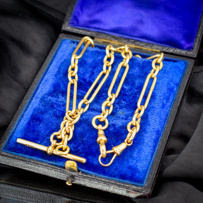 Antique '1915' 18ct Yellow Gold Trombone Double Albert Watch Chain with Dog Clips and T-bar | 15.75"