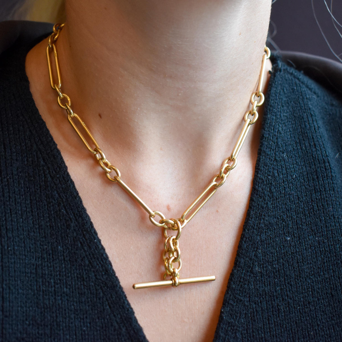 Antique '1915' 18ct Yellow Gold Trombone Double Albert Watch Chain with Dog Clips and T-bar | 15.75"