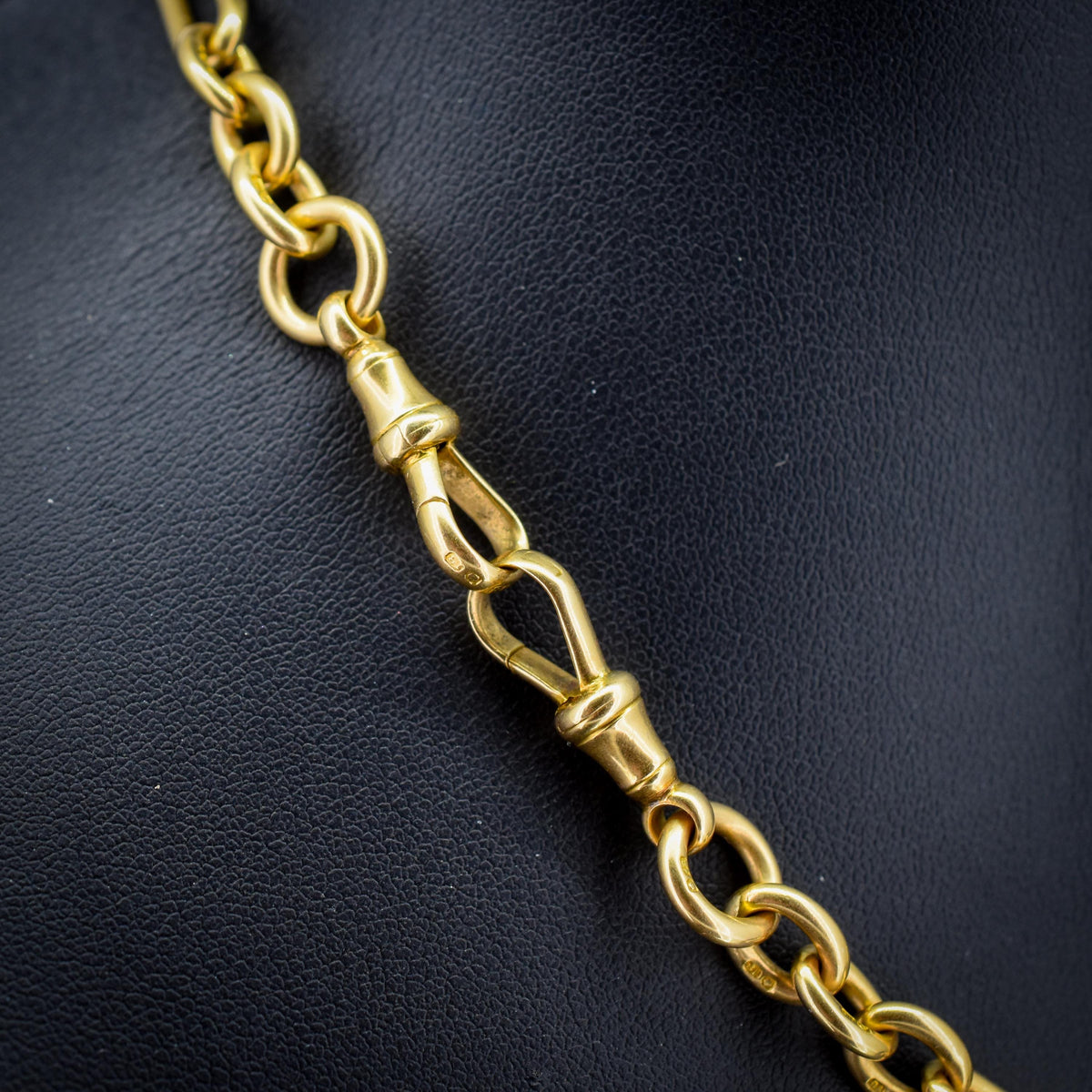 Antique '1915' 18ct Yellow Gold Trombone Double Albert Watch Chain with Dog Clips and T-bar | 15.75"