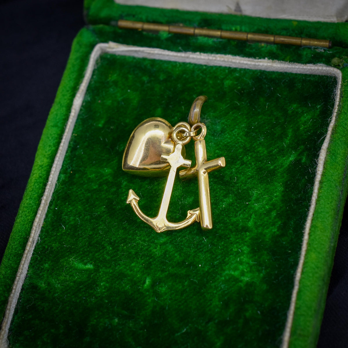 Vintage 9ct Gold Triple Trio of Charms Faith Hope Charity - Cross Heart Anchor