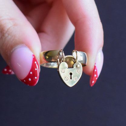 Antique Victorian Heart Padlock Drop 9ct Yellow Gold Band Ring | Chester 1897