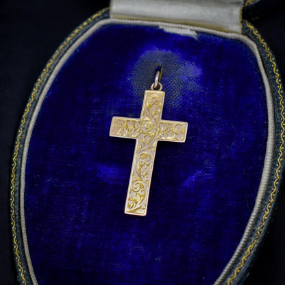 Antique Edwardian 9ct Gold Floral Ivy Engraved Cross Pendant