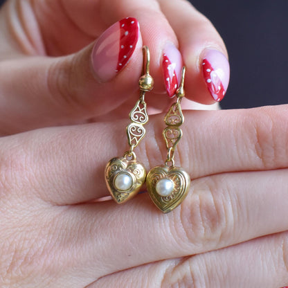 Vintage 9ct Yellow Gold Edwardian Pearl Heart Drop Earrings