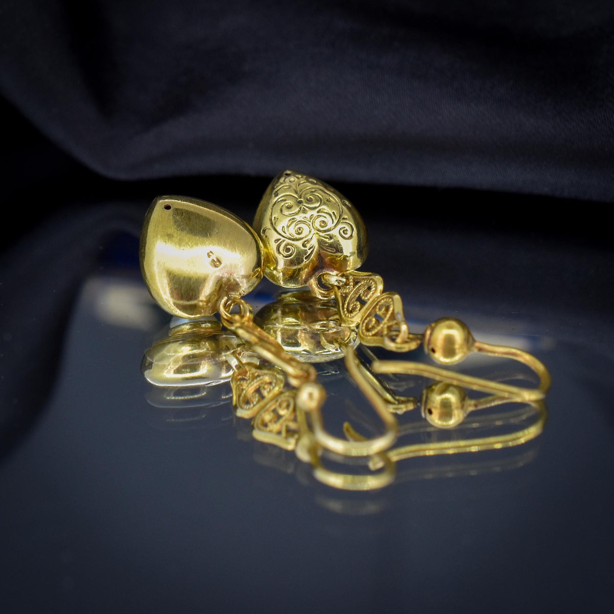 Vintage 9ct Yellow Gold Edwardian Pearl Heart Drop Earrings