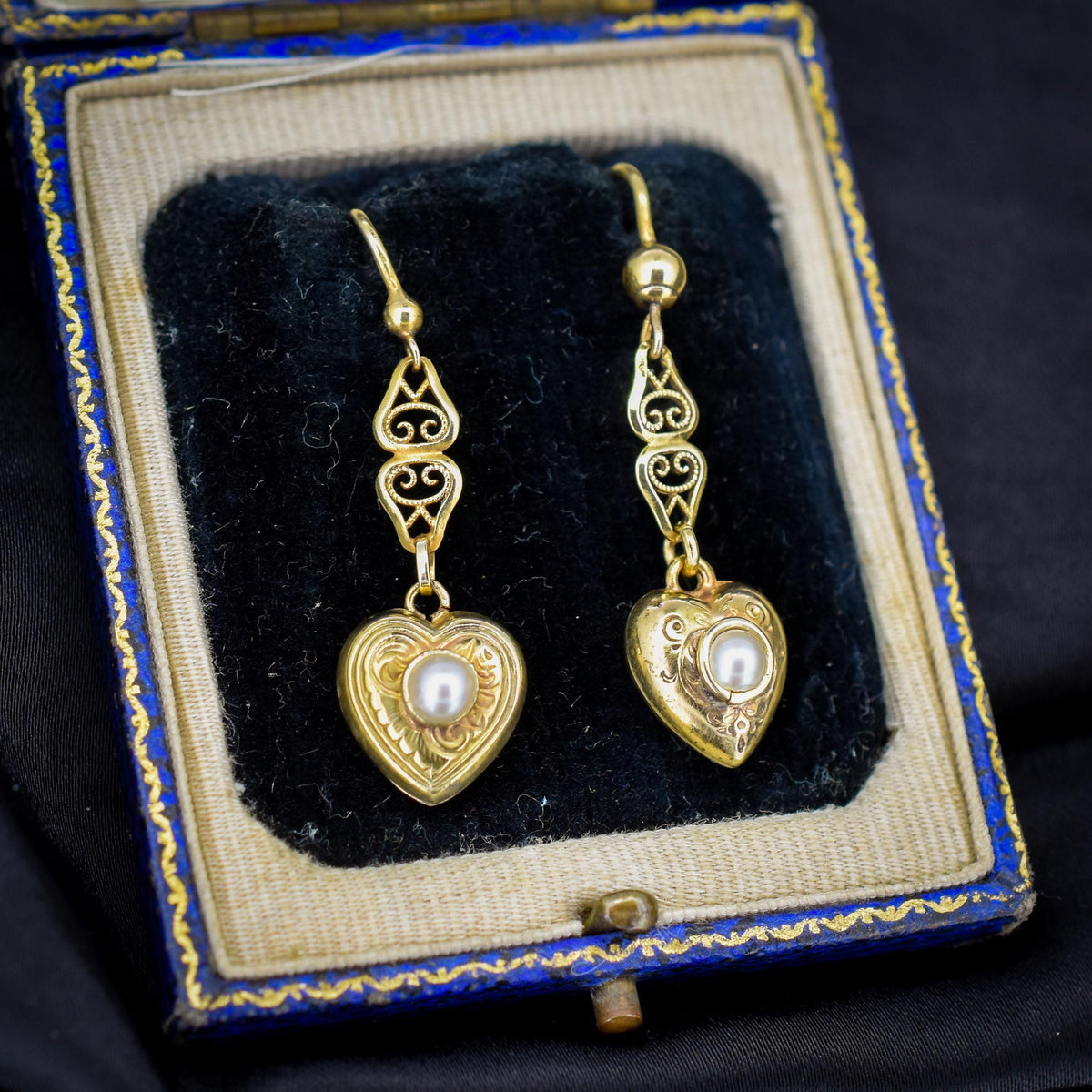 Vintage 9ct Yellow Gold Edwardian Pearl Heart Drop Earrings